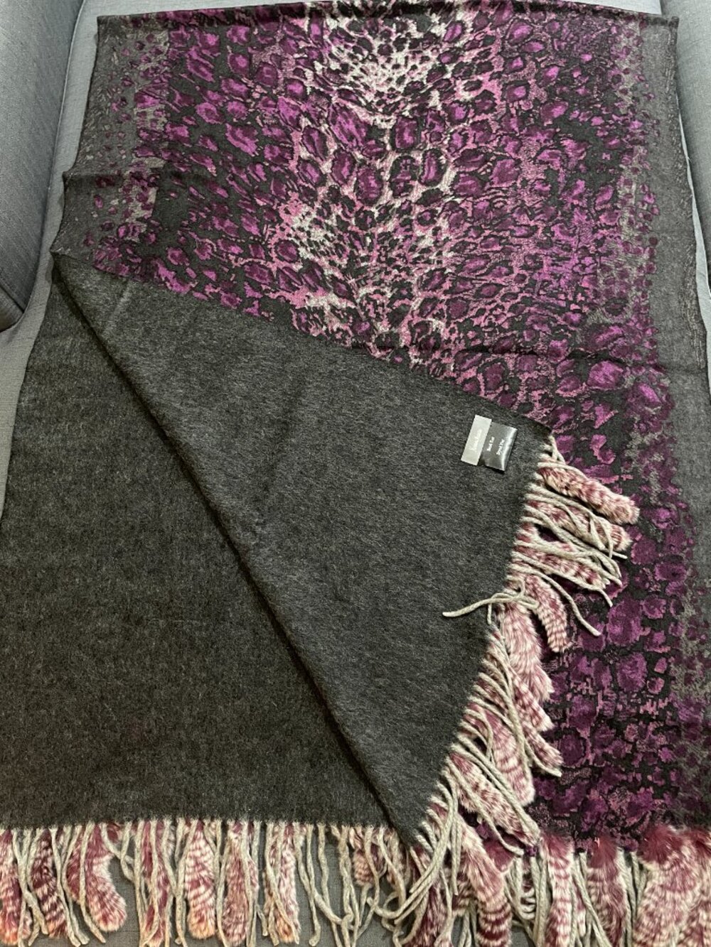 Neiman Marcus Wool Reversible Luxury Purple Leopard Scarf Rex Rabbit Fur Shawl